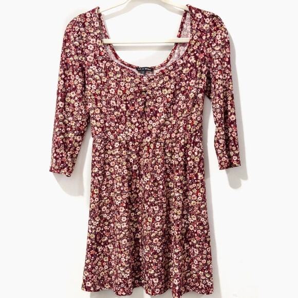 As U Wish - Junior's Burgundy, Floral, 3/4 Sleeve, Mini Dress (size S) - Picture 1 of 3